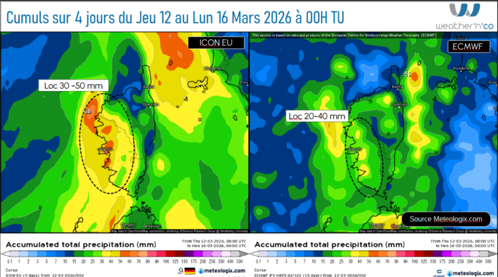 Prévision des cumuls de pluie SWISS HD et ECMWF - Source: Meteologix.com - Illustration: Kitempu