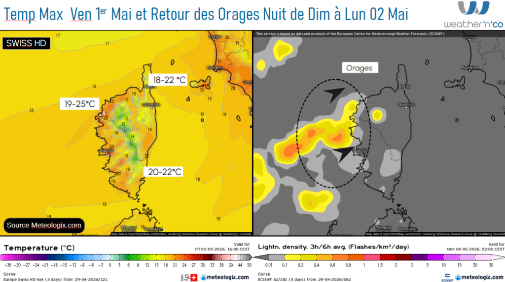 Prévision des maximales Ven 1 er Mai et retour des orages nuit de dimanche à lundi - Source: Meteologix.com - Illustration: Kitempu