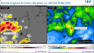 Prévision et cumul de pluie Dimanche 10 Mai - Source: Meteologix.com - Illustration: Kitempu