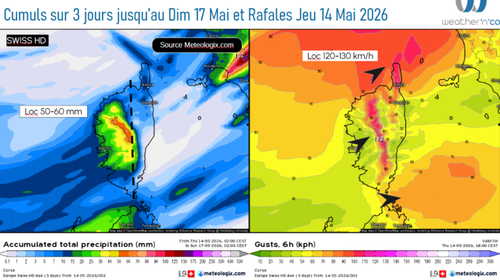 Prévision cumul de pluie jusqu’à dimanche 17 Mai et Rafales de vent Jeudi 14 - Source: Meteologix.com - Illustration: Kitempu